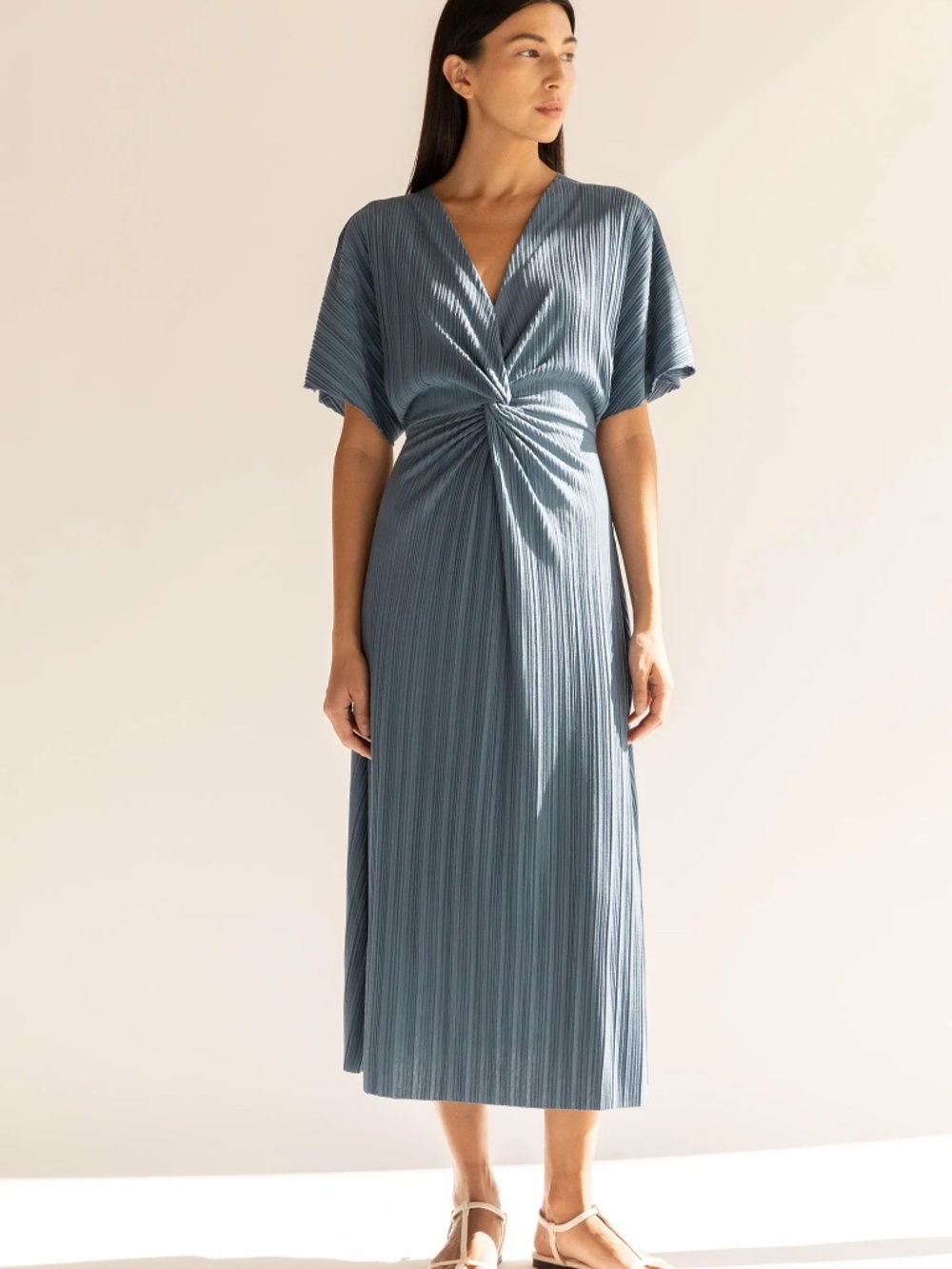 Oak + Fort Front Knot Pleated Midi Dress Bluefin Slate Blue